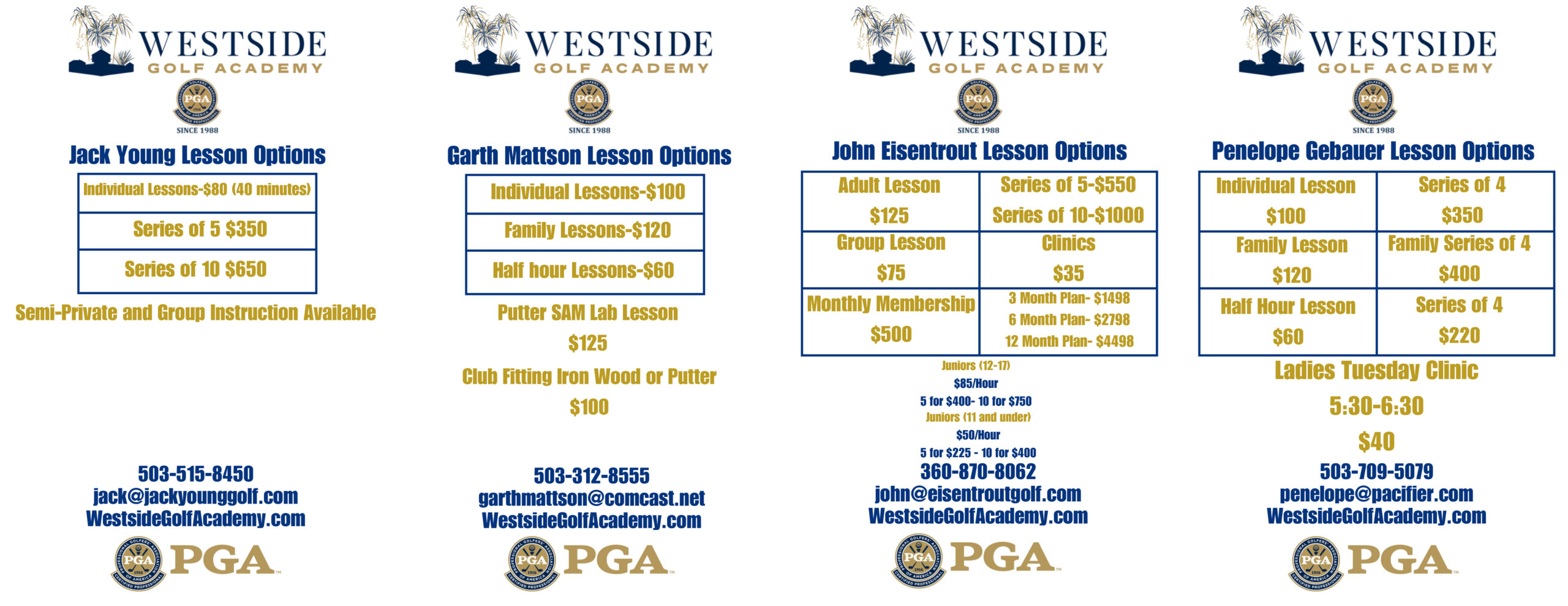 GOLF ACADEMY PRICE LIST